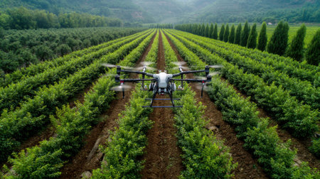 A high-angle view of a drone flying over vibrant green fields, showcasing advanced farming techniques and crop monitoring within a serene agricultural setting.の素材