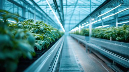 A spacious and bright greenhouse showcases vibrant green basil plants lined in neat rows, illuminated by natural light through glass.の素材