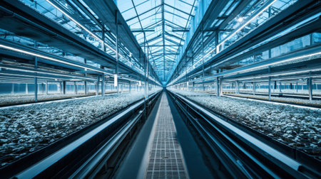 A spacious modern greenhouse showcasing advanced growing techniques with rows of thriving plants under bright, optimized conditions.の素材