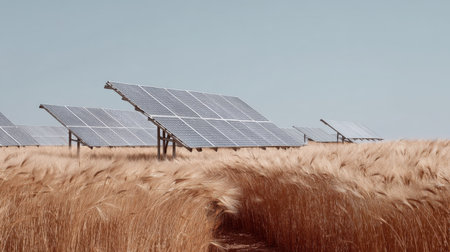 A serene landscape featuring solar panels set against a wheat field. This image symbolizes the balance between renewable energy and agriculture, highlighting innovation in rural settings.の素材