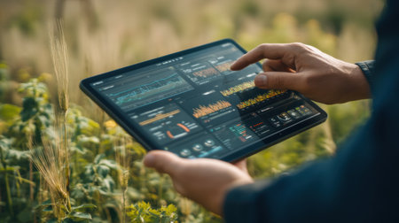 A person analyzes agricultural data on a tablet in a lush green field, showcasing modern technology's role in farming and decision-making.の素材