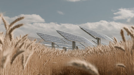 A serene landscape featuring solar panels amidst a golden wheat field under a clear blue sky with fluffy clouds. This image illustrates the harmonious relationship between renewable energy and agriculture.の素材