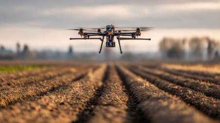 A drone hovers above a freshly plowed agricultural field, showcasing the intersection of modern technology and traditional farming during golden hour.の素材