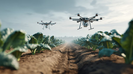 Two advanced agricultural drones fly over a vibrant crop field, highlighting innovation in farming practices and technology for sustainable growth.の素材