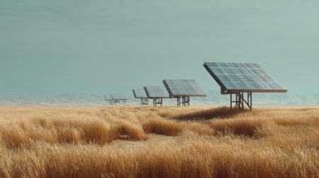 A serene landscape featuring solar panels installed in a golden field under a clear blue sky, symbolizing innovation and sustainability in renewable energy.の素材