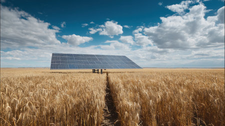 A stunning solar panel installation stands in a golden wheat field, showcasing the synergy between renewable energy and agriculture under a bright blue sky.の素材