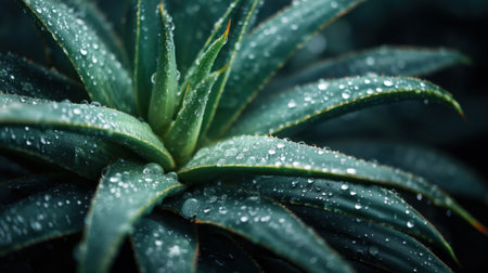Capture the beauty of nature with this close-up image featuring lush green plant leaves adorned with water droplets, creating a refreshing and serene atmosphere. Perfect for nature enthusiasts and art lovers.の素材