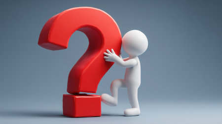 A charming 3D character interacts with a large red question mark, symbolizing curiosity and the quest for knowledge against a light blue backdrop.の素材