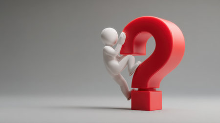 This 3D render depicts a character climbing a vibrant red question mark, symbolizing curiosity and exploration in a minimalistic gray backdrop.の素材