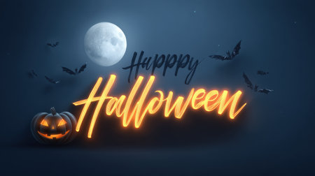 Capture the essence of Halloween with this atmospheric image featuring glowing text, a carved pumpkin, bats, and a full moon, ideal for festive greetings.の素材