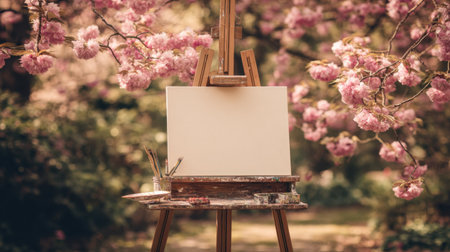 A picturesque outdoor scene featuring a blank canvas on an easel surrounded by beautiful cherry blossom trees, creating a perfect artistic haven.の素材