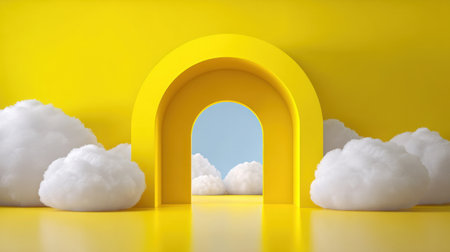This vibrant stock photo features a minimalist archway in bright yellow, surrounded by fluffy white clouds, creating a whimsical and dreamy atmosphere.の素材