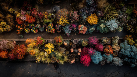 An aerial perspective showcases a stunning array of colorful flowers in pots lining the street, reflecting nature's diversity and beauty.の素材