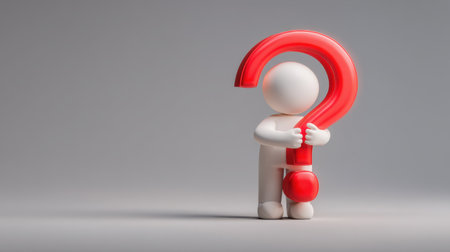 This playful 3D character stands with a large red question mark, evoking themes of curiosity and inquiry against a soft gray backdrop.の素材