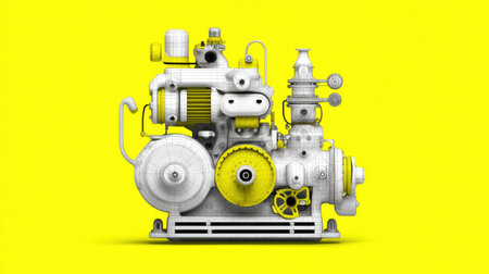 A vibrant illustration of a vintage engine set against a bright yellow background, highlighting its intricate mechanical parts and industrial design. Perfect for creative projects!の素材