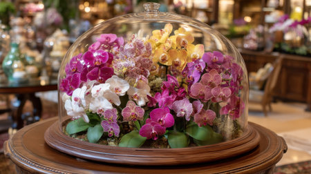 A vibrant display of assorted orchids beautifully arranged under a glass dome, perfect for enhancing home decor or event themes, showcasing nature's elegance.の素材