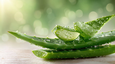 Bright and fresh aloe vera slices sit on a surface, adorned with glistening water drops. Ideal for promoting health, wellness, and natural skincare.の素材