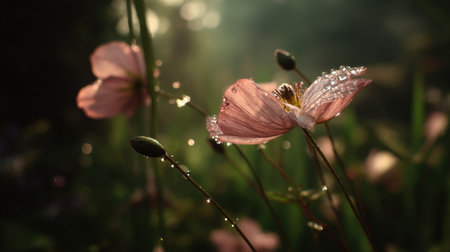 A breathtaking capture of delicate pink flowers adorned with glistening dew drops, basking in the soft morning light, creating an ethereal atmosphere.の素材