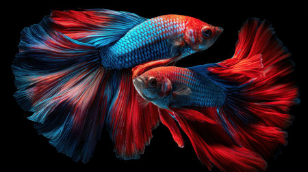 Two stunning betta fish exhibit vibrant colors and flowing fins against a dark background, showcasing their elegance and beauty in aquatic life.の素材