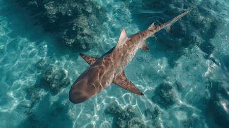 A graceful shark swims through crystal-clear blue water, casting soft reflections over the vibrant coral reef below. This serene scene captures the beauty of marine wildlife in its natural habitat, highlighting the delicate balance of ocean ecosystems.の素材