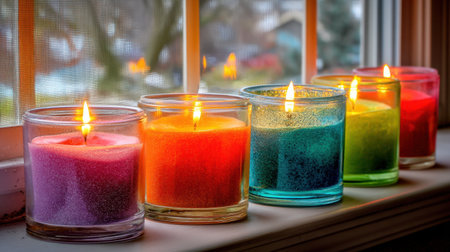 A collection of colorful candles lit on a windowsill, creating a warm and inviting atmosphere. The natural light filters through the screen, enhancing the tranquil setting.の素材