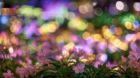 A captivating abstract bokeh background featuring soft-focused flowers amidst a colorful light display, creating a dreamy atmosphere.の素材