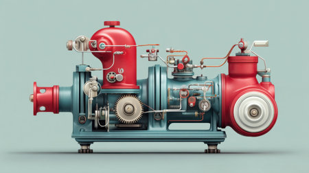 This retro-inspired image showcases a vintage industrial pump featuring red and blue components. It highlights intricate gears and pipes, embodying mechanical craftsmanship.の素材