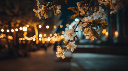A beautiful scene featuring cherry blossom flowers illuminated by warm lights against a soft urban backdrop, creating a tranquil and dreamy atmosphere.の素材