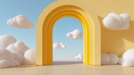 A vibrant yellow archway opens to a serene landscape filled with soft clouds under a clear blue sky, creating a cheerful atmosphere.の素材