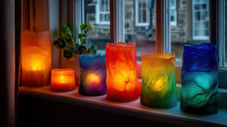 A stunning collection of colorful candle holders gently illuminate a cozy interior, creating a warm and inviting atmosphere perfect for relaxation and tranquility.の素材