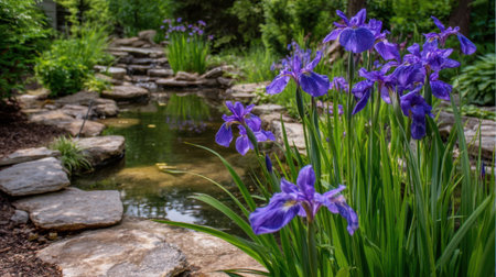 Discover a tranquil garden scene featuring vibrant purple iris flowers blooming alongside a serene pond and natural stone pathway.の素材