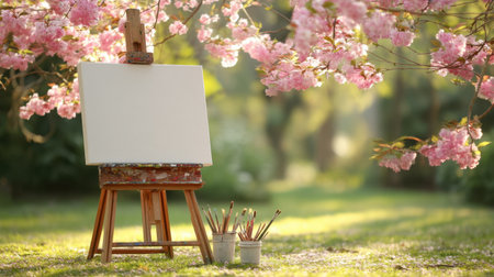 A serene scene featuring an empty canvas on an easel, surrounded by blooming cherry blossoms in a sunlit garden, inviting creativity and inspiration.の素材