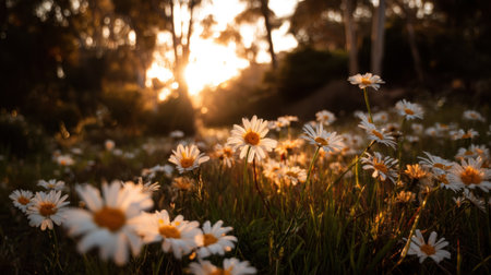 A serene scene of a sunlit field filled with white daisies under a warm golden glow, capturing the beauty and tranquility of nature during golden hour.の素材