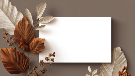 A stunning floral arrangement featuring elegant leaves and a blank card set against a warm brown background, ideal for creative projects or invitations.の素材