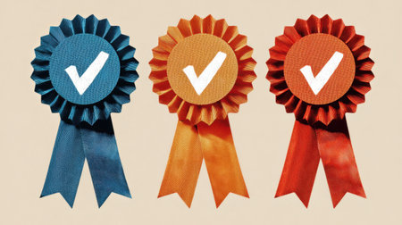 Bright and colorful achievement badges featuring checkmarks symbolize success and recognition, perfect for awards and competition themes.の素材