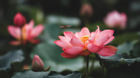 This stunning image captures vibrant pink lotus flowers blooming in a serene garden setting, enhanced by soft sunlight and lush greenery.の素材