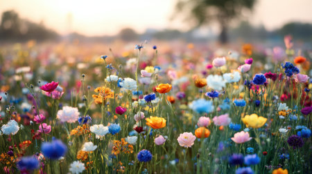 A stunning display of vibrant wildflowers fills the field, showcasing a variety of colors. The sunrise adds a soft glow, enhancing the natural beauty and tranquility of this serene outdoor setting. Perfect for nature enthusiasts and those seeking a sense of calm.の素材