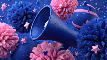 A lively and colorful scene featuring a megaphone surrounded by fluffy pom-poms and vibrant decorations set against a bright blue backdrop, perfect for celebrations and events.の素材