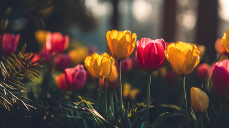 A stunning capture of vibrant tulips in various colors, thriving in a serene garden setting. Soft sunlight enhances their beauty.の素材