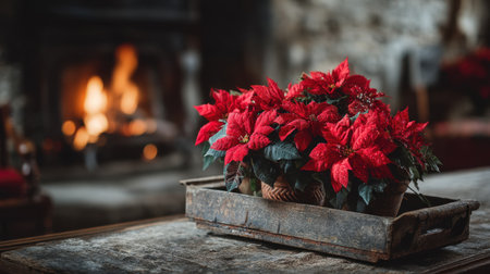 A beautiful display of vibrant red poinsettias arranged in a rustic wooden tray, creating a warm and inviting atmosphere by a flickering fireplace.の素材