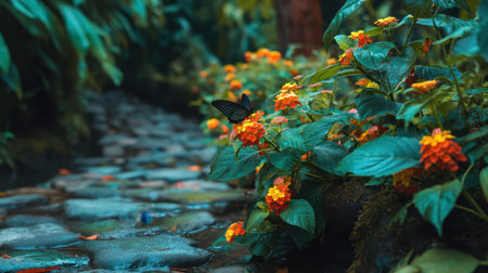 A graceful butterfly rests on bright flowers beside a charming stone pathway in a serene garden. The vivid colors create a peaceful atmosphere.の素材