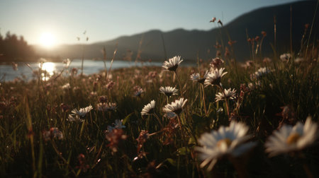 A picturesque scene capturing a serene meadow adorned with wildflowers at sunrise, reflecting a tranquil lake and dramatic mountains in the background.の素材