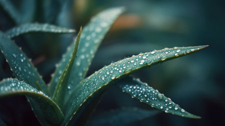 This close-up image captures vibrant aloe vera leaves adorned with glistening water droplets, showcasing the beauty of nature and freshness.の素材