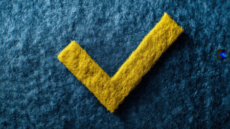 A striking yellow checkmark on a textured blue felt background, symbolizing approval and success. This close-up image captures detail and artistry, perfect for various creative projects.の素材
