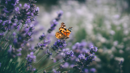 A stunning butterfly rests atop lavender flowers in a tranquil garden setting, showcasing nature's beauty through vibrant colors and soft focus.の素材