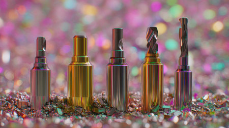 A striking arrangement of various precision cutting tools, beautifully contrasted against a shimmering crystal background, perfect for industrial and DIY themes.の素材