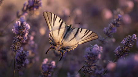 A captivating butterfly gracefully hovers above a lavender field, surrounded by blooming flowers. Soft sunlight enhances the intricate details of its wings, creating a serene moment in nature.の素材