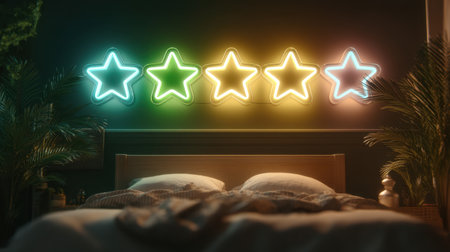 This cozy bedroom features vibrant neon star rating lights that create a playful yet serene ambiance, ideal for relaxation and restful sleep.の素材