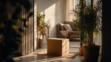 A cozy indoor living space bathed in warm sunlight, featuring a cardboard box, lush plants, and a comfortable sofa, creating an inviting atmosphere.の素材