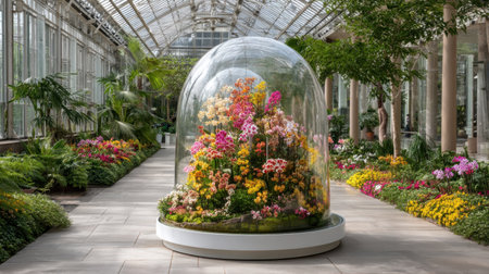 A stunning floral collection encased in a glass dome, set in a botanical garden with vibrant colors and lush greenery, creating a tranquil oasis.の素材